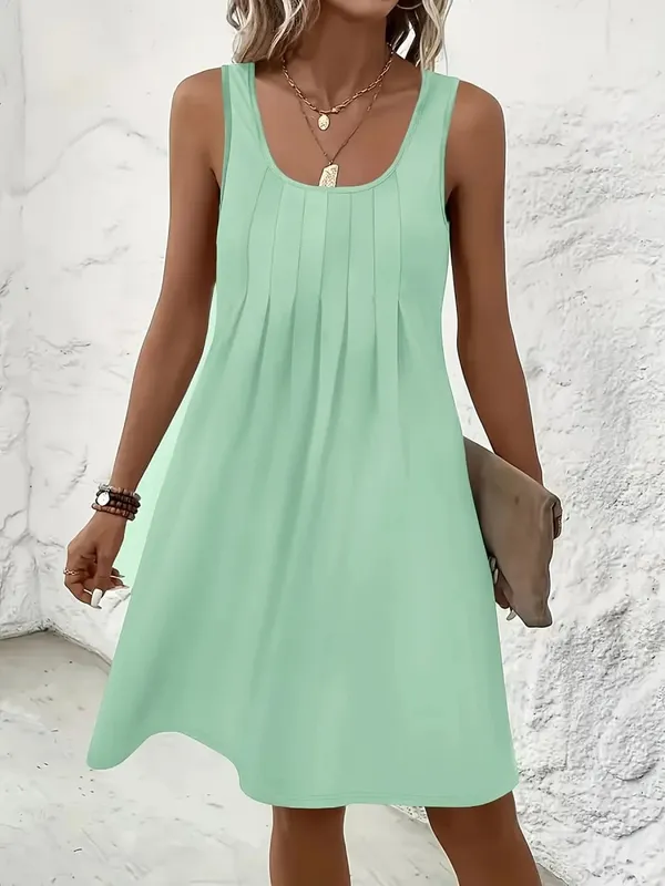 2026 New Casual Women Tank Dresses U Neck Front Pleated Loose Swing Mini Dress Solid Color Soft Summer Beach Daily Wear Robes — image 4