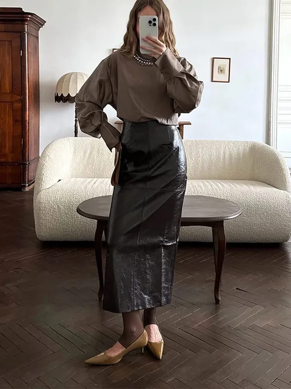 Vintage Green Leather Skirt Sets Women Fashion Solid Strapless Short Skirts Zipper Jacket Outfits Lady Daily Highstreet Outfit