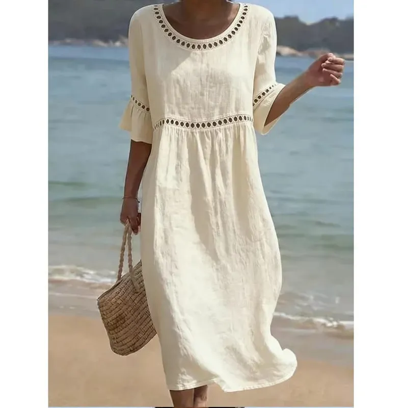 Hollow-out Solid Cotton Linen A-Line Dress Woman O Neck High Waist Loose Dresses Summer Flare Sleeve Beach Vacation Dress — image 4