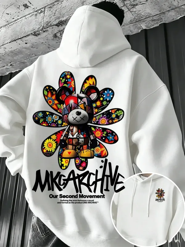 Men's Casual Hooded Sweatshirt – Colorful Floral Bear Graffiti Print Pullover Warm Street-Style Top for Autumn/Winter — image 2