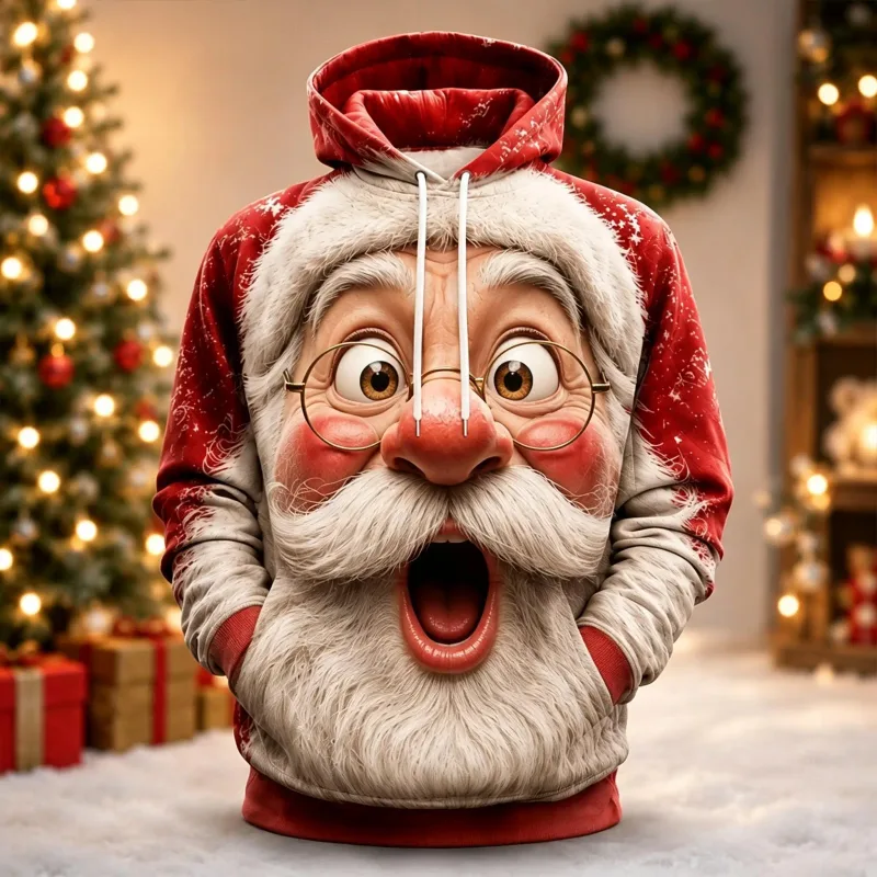 Men's Hoodie Funny Shocked Santa Claus Face Christmas Hoodie Breathable Pullover Sweatshirt for Christmas Holiday Party Wear Top — image 5