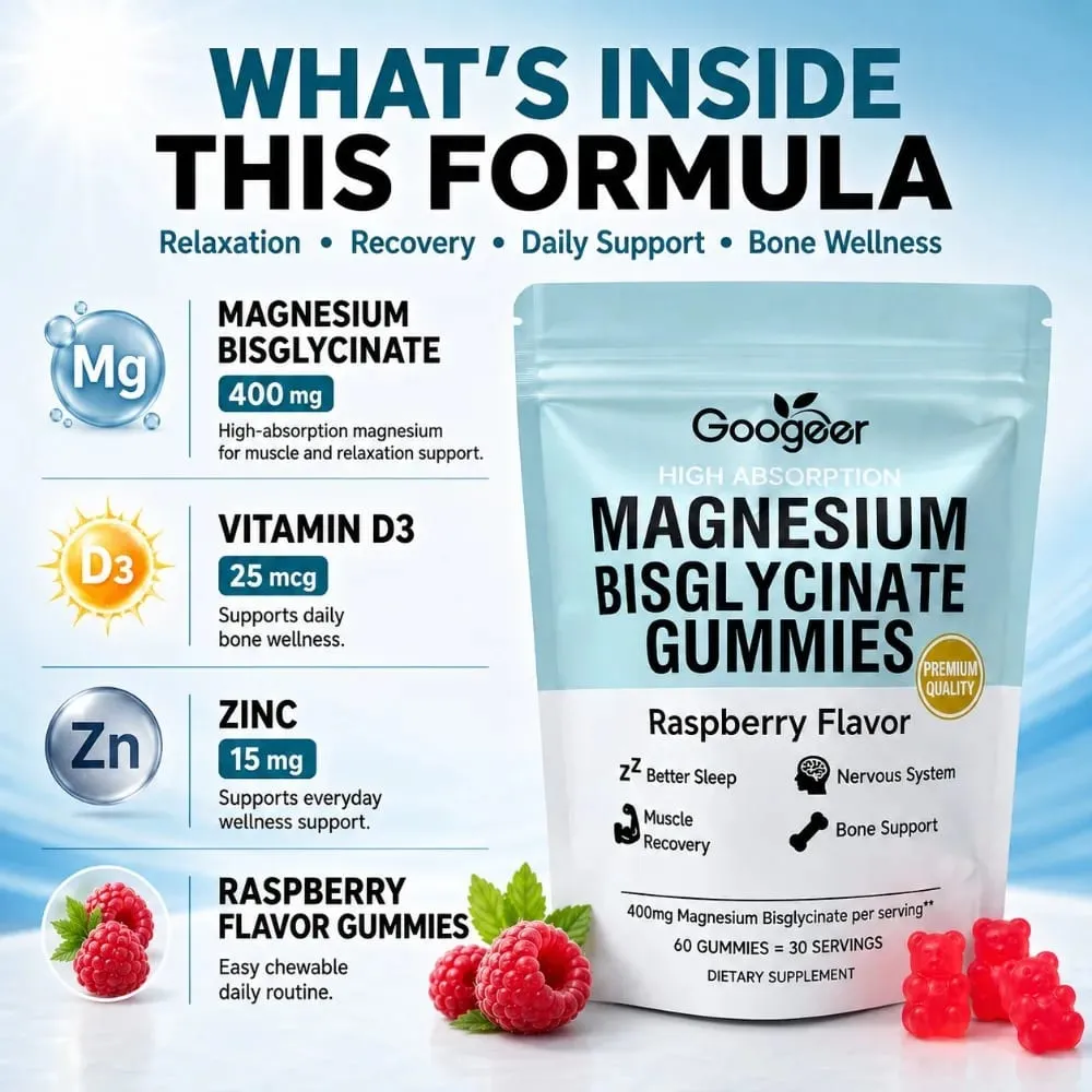 Magnesium Bisglycinate Gummies Raspberry Flavor 400mg Magnesium Vitamin D3 Zinc High Absorption 60 Count Daily Supplement — image 4