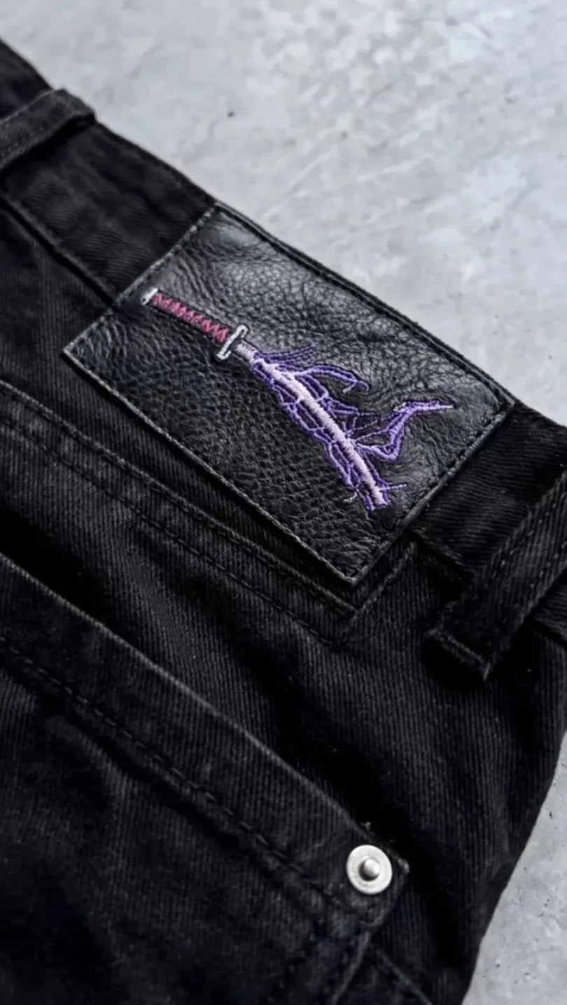Men Y2K Anime Character Embroidered Jeans Streetwear Cargo Denim Pants Straight Leg High Waist Loose Rock Punk Unisex Jeans — image 5