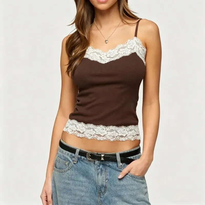 Lace Tank Top for Women V Neck Floral Lacy Trim Crop Cami Teen Girls Y2K Slim Fit Spaghetti Strap Going Out Tops — image 5