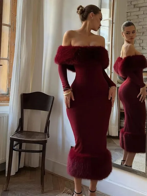 Vestido sin tirantes de piel sintética con retales para mujer, vestido Sexy con hombros descubiertos y manga larga ceñido al cuerpo, vestido de noche de fiesta para mujer