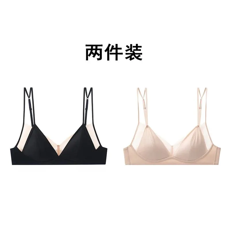 Modish Leopard Intimate Set Non-wire Thin Triangle Bra Breathable Summer Nude Fabric Small Chest Firm Gathering Womens Indoor — image 19