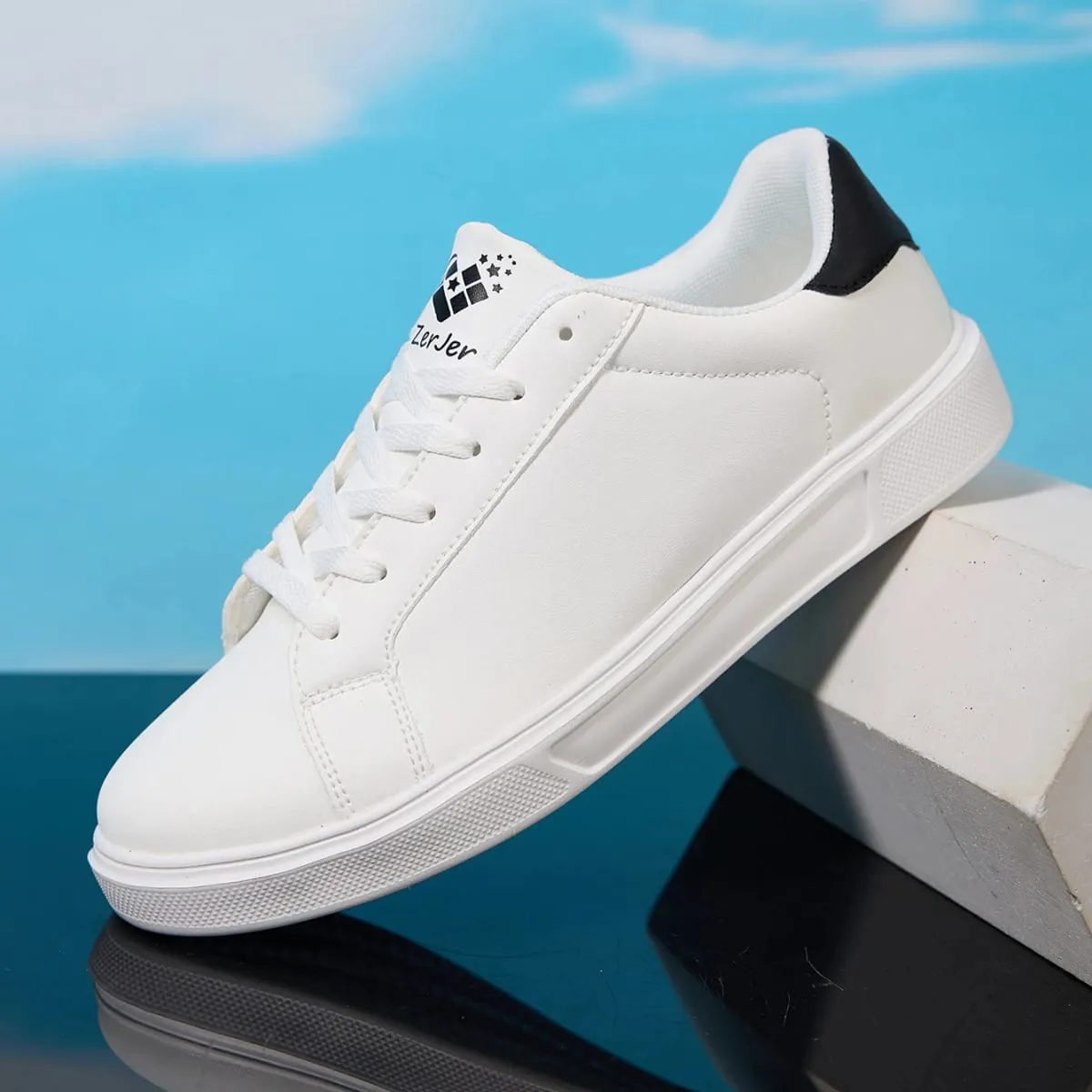 Men's White/Black Casual Leather Sneakers Low Top Lace-Up Skate Shoes Comfortable Walking Footwear — image 1