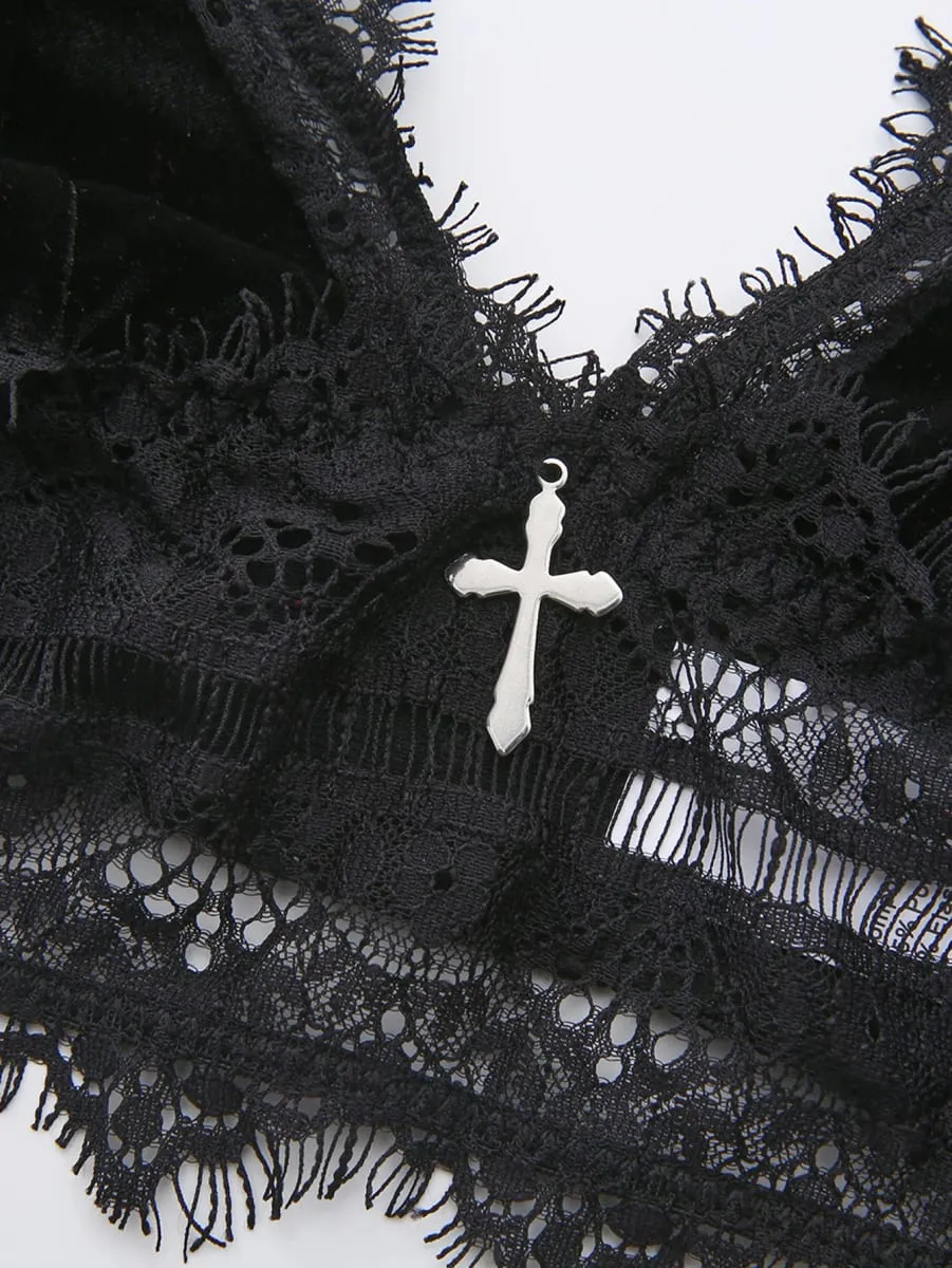 Women's Black Lace Lingerie Set Gothic Dark Style Cross Pendant Bra And Panty Set for Adult Size — image 4