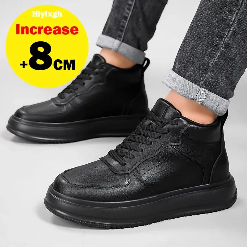 Genuine Leather Lift Sneakers Men's Elevator Shoes Heightening Insole 8cm Black High Shoes Men's Fashion Sports Plus Size 36-46