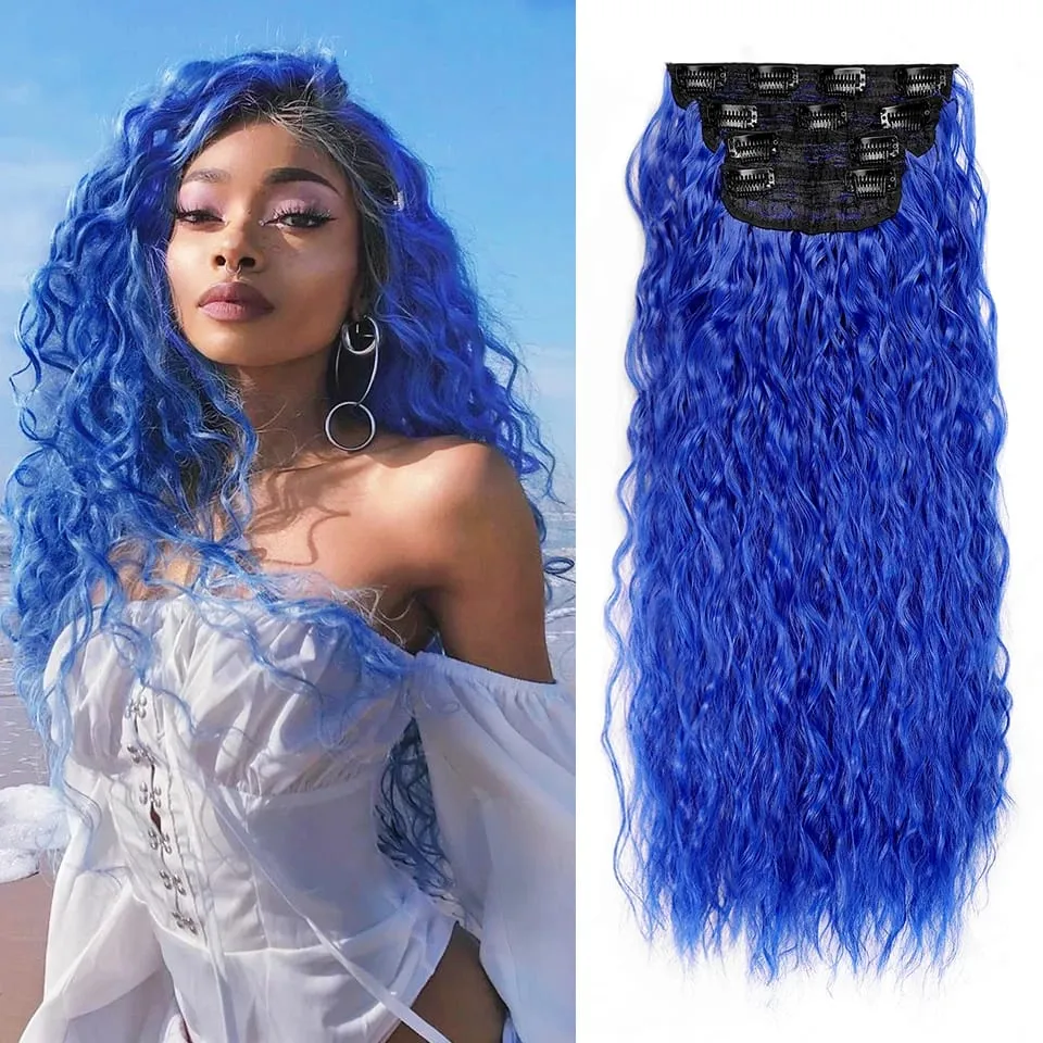 4PCS set Clip in Hair Extensions Natural Black Corn Wavy 20'' Long Curly Thick Synthetic Hairpieces for Women Girls Daily Party — image 9