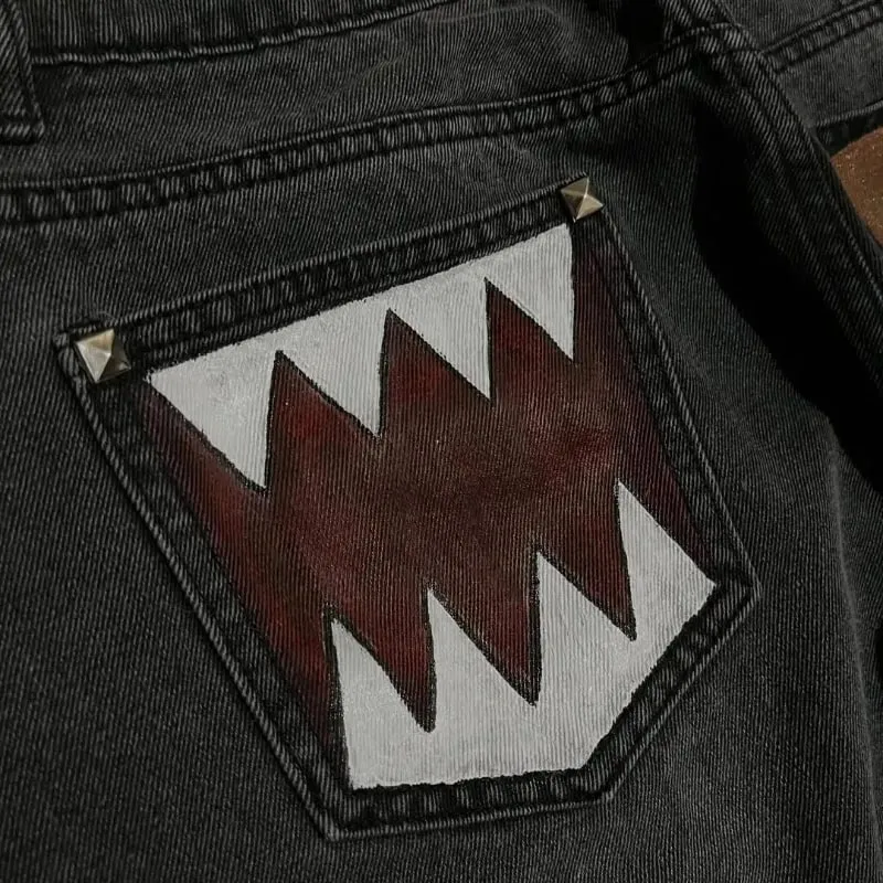 Washed Black Baggy Men Monster Tooth Embroidery Jeans Pocket Wide Leg Denim Pants Y2k Streetwear Hip Hop Loose Trousers Unisex — image 6