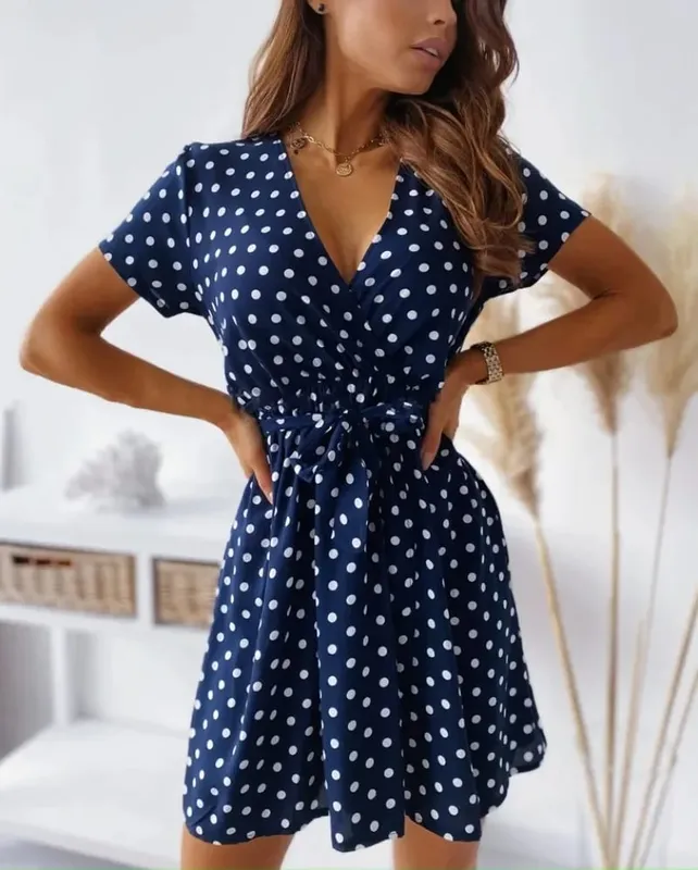 Sommer Damen Polka Dot Gedruckt Kurzarm Casual Kleid Modische V-ausschnitt Gürtel Pendeln Kleid Urlaub Party Damen Kleid — image 8