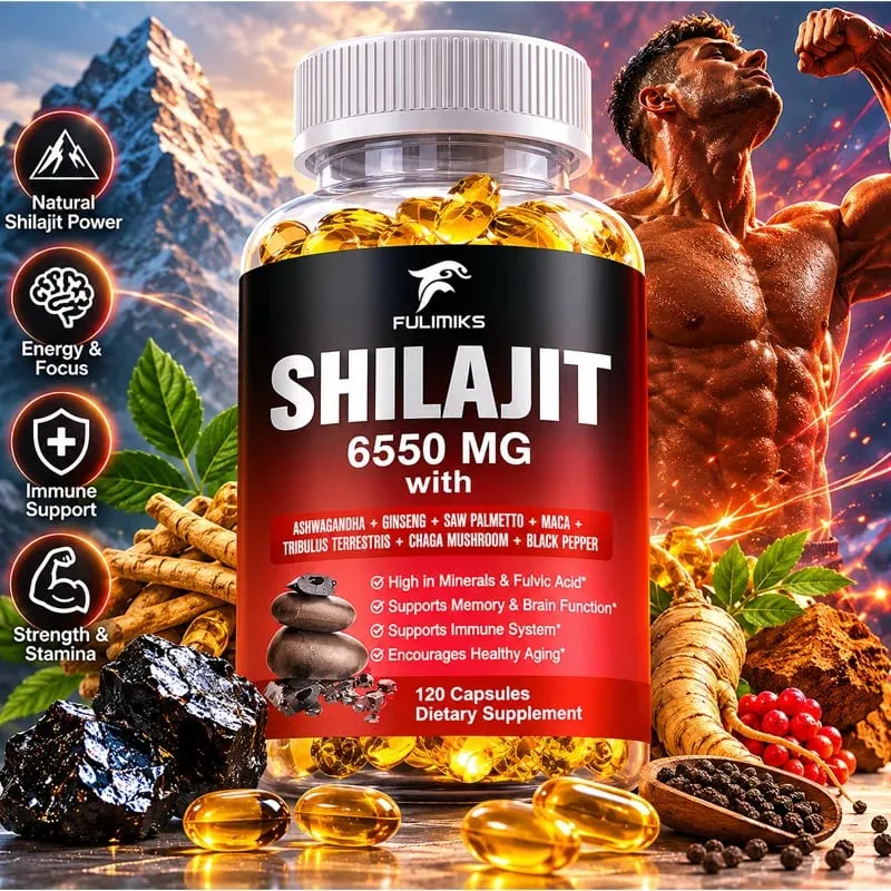 Shilajit 6550MG Capsules with Ashwagandha & Ginseng Supports Energy Stamina Immunity Brain Function & Healthy Aging