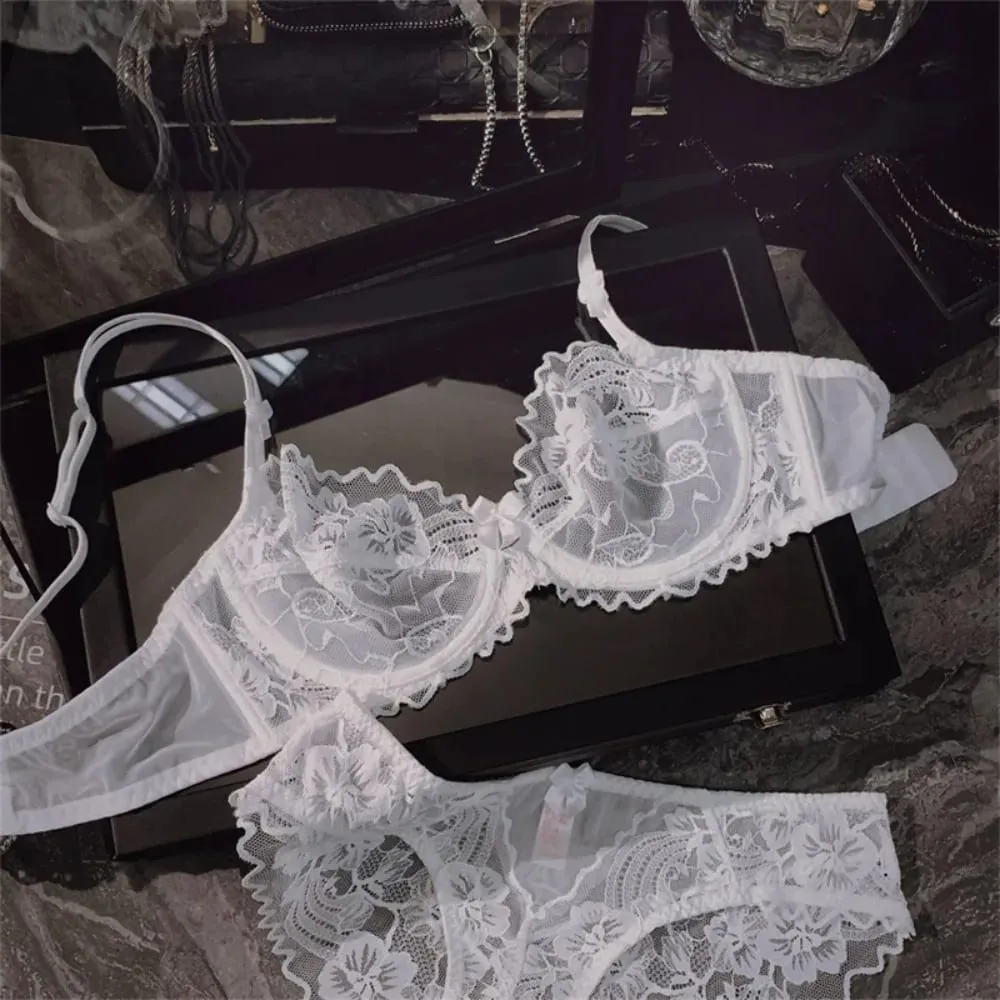 French Ultra Thin Sheer Lace Bra Set Underwire Perspective Beauty Back Large Bust Minimizer Side Shaping Anti Sag 32-38 Bra Set — image 5