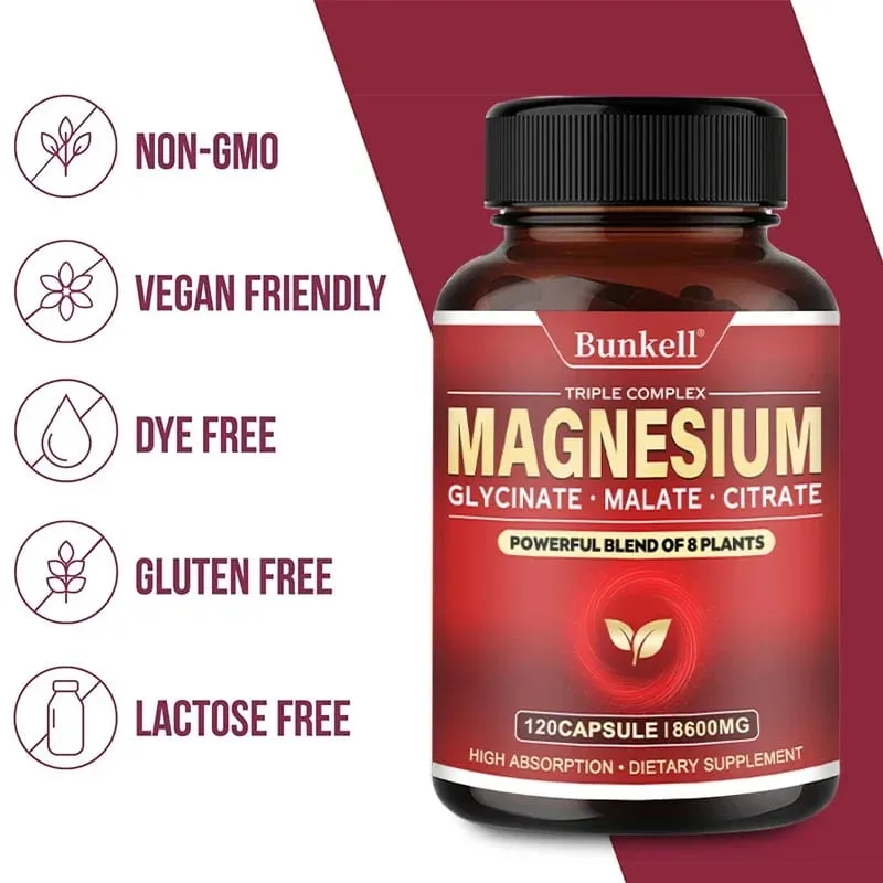 Magnesiumglycinatmalatcitrat med hög absorption 100 % kelaterad icke-GMO Vegetarisk glutenfri 8 600 mg 120 kapslar — image 6