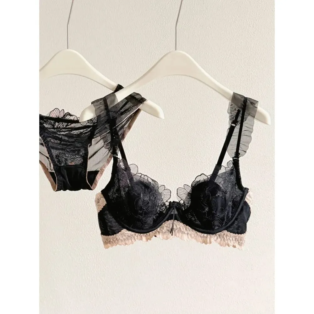 Women French Floral Lace Bra Set Ultra Thin Rabbit Ear Cup Soft Underwire Sexy Lingerie Big Bust Minimizer Breathable Daily Bra — image 1