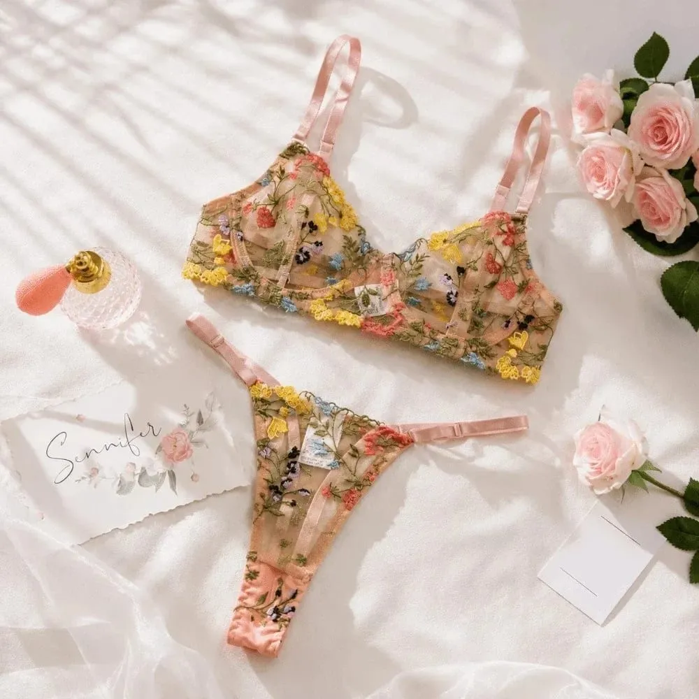 Versatile Transparent Lingerie Set Ultra-thin Push Up Panties Bra Set Elegant Embroidery Floral Underwear Women — image 2