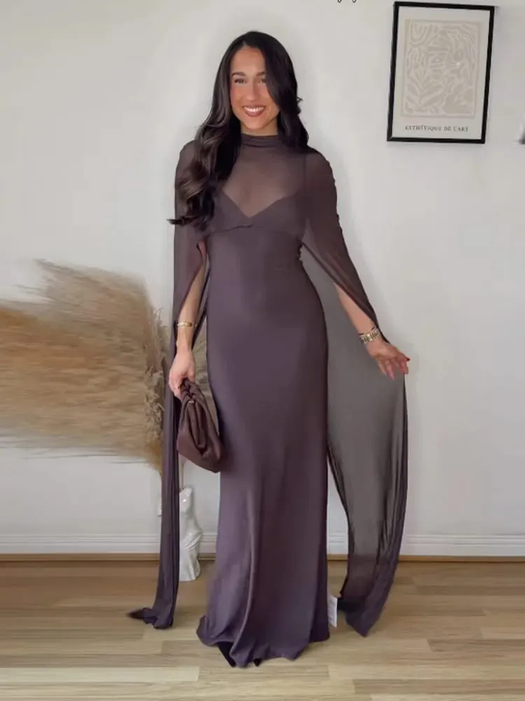 Sheer Cape ผู้หญิงชุดราตรี Elegant Slim V คอแขนกุดสะโพกชุดผู้หญิง 2026 Lady Party Vestidos — image 7