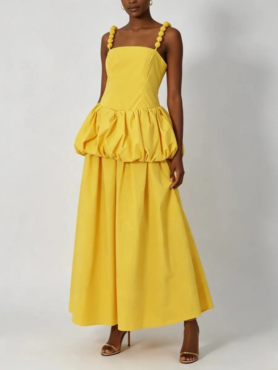 VGH Trend Yellow Maxi Dress Women Square Collar Sleeveless Folds Elegant Long Skirt for Club Evening Party Summer Fashion New — image 2