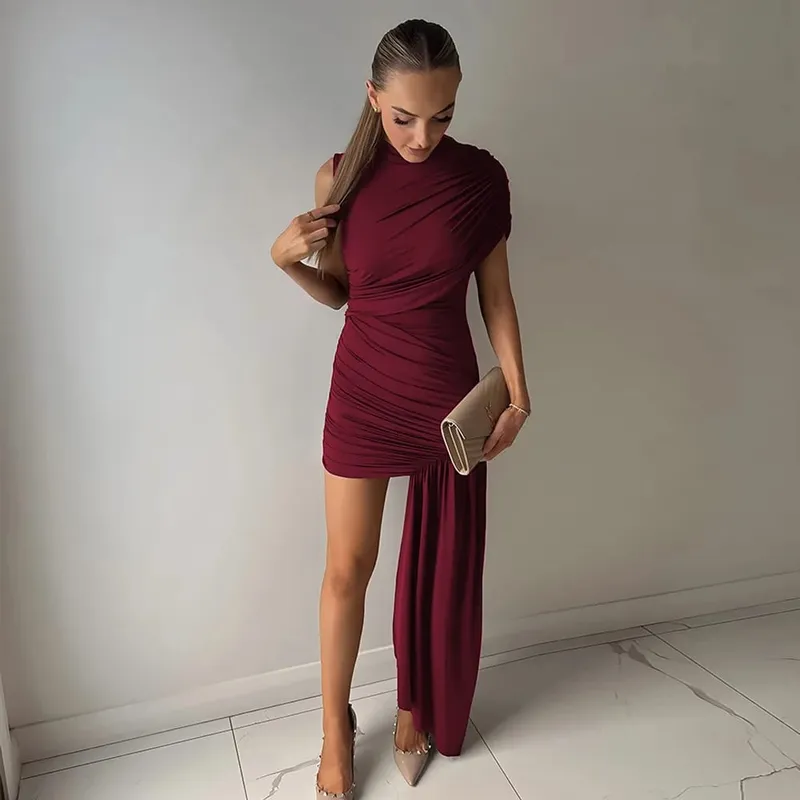 Moda feminina irregular plissado borlas mini vestido elegante chique hem vestido fino cintura alta vestido 2025 rua festa clube vestidos