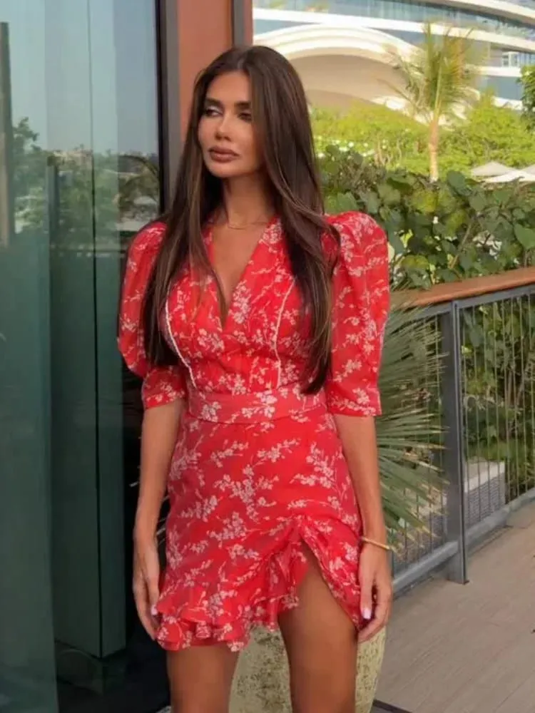Women Red Floral Printed Mini Dress V-neck Short Sleeved Puff Sleeve Waist Trim Ruffle Slit Hem Dresses 2026 Summer Party Gown — image 2