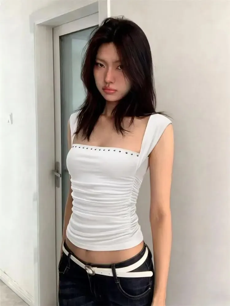 Y2k Women Tank Top Summer Slim Square Collar Sexy Tops Short Sleeve Street Fashion Black Crop Top American Hot Girl Design Sense — image 4