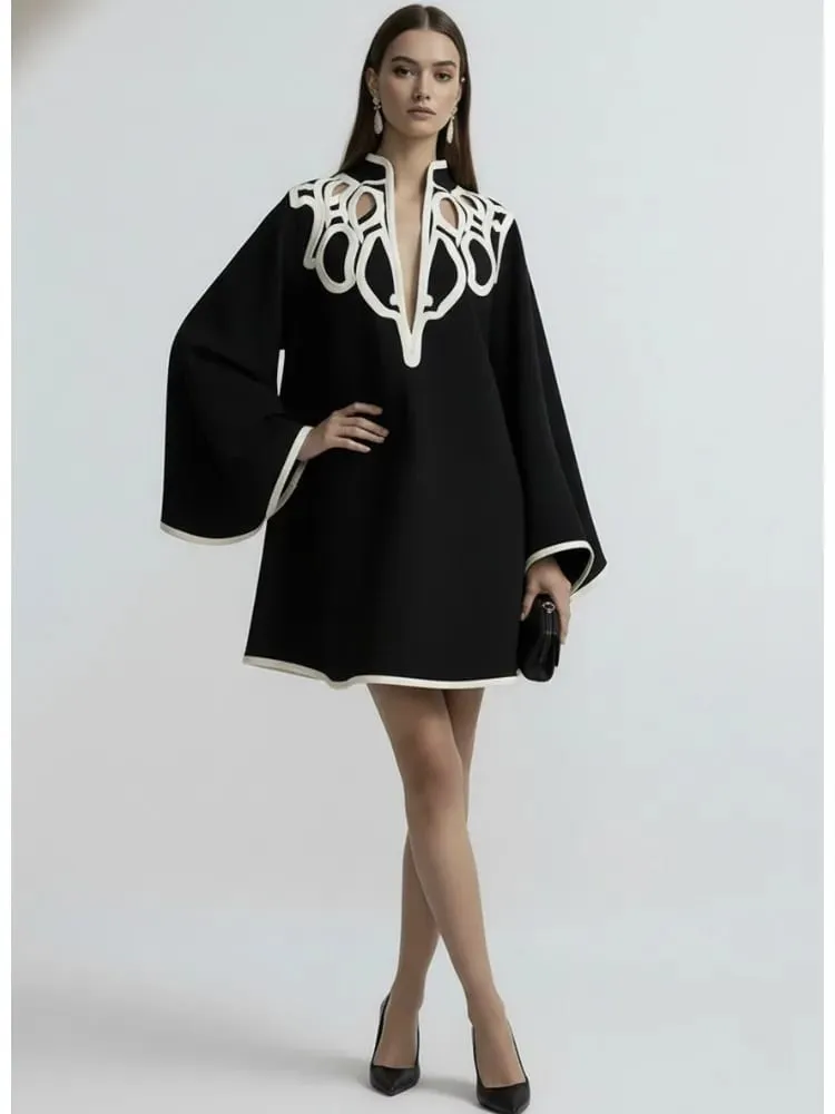 Freeacy Women's Hollowed Stand Collar Loose Mini Dress 2026 Spring New Contrast Color Long Sleeves Vacation Party Dresses — image 2