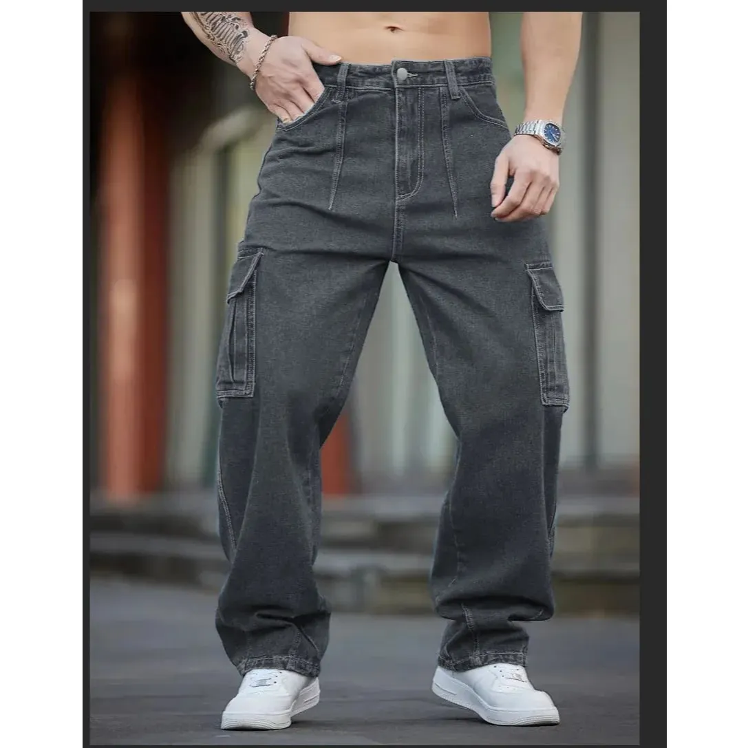 2026 New Arrival Men Cargo Jeans Multi‑Pocket Loose Wide Leg Straight Denim Pants HipHop Street Workwear Trousers — image 9