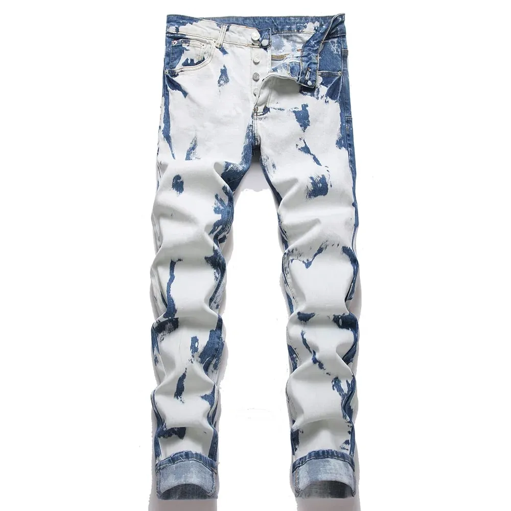 Celana Jeans Melar Melar Ramping Pria Celana Denim Dikelantang Pakaian Jalanan Celana Panjang Katun Biru Terbang Kancing Kasual