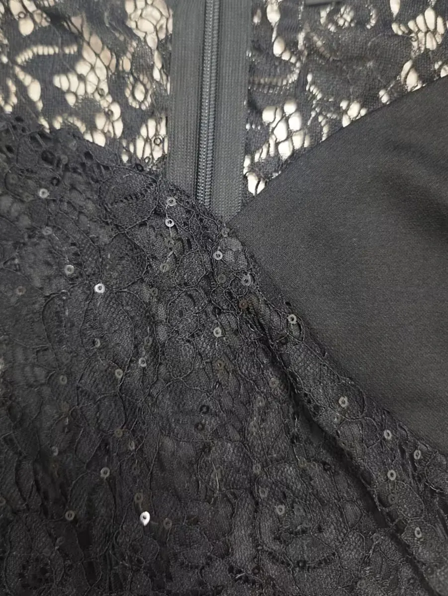 Women Summer Black Lace Short Sleeve V Neck Knee Length Elegant Bodycon Party Slim Ruffle Split Evening Club Dress