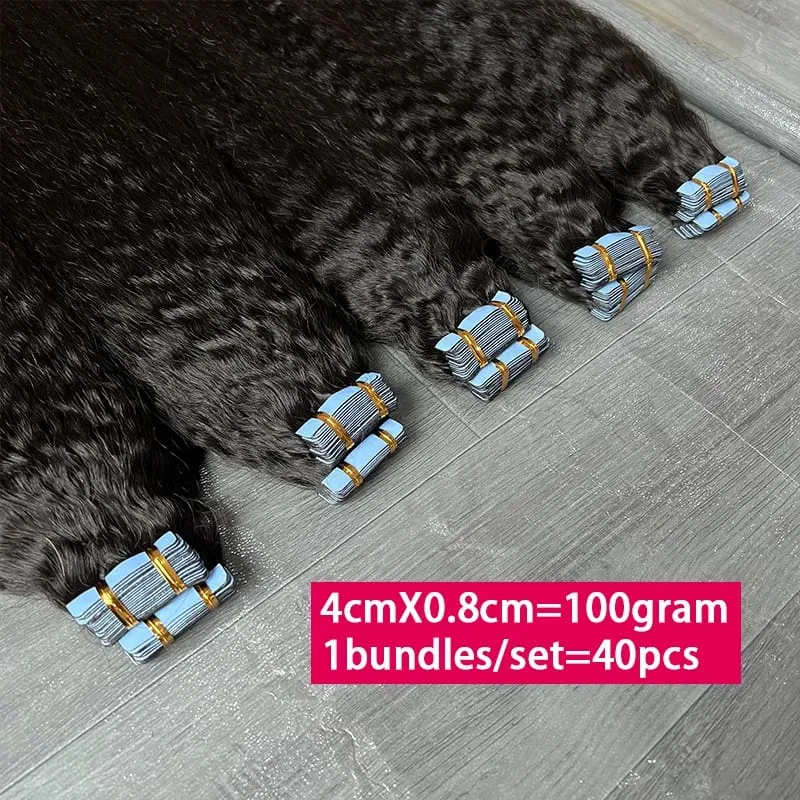 Kinky Straight Invisible Tape In Hair Extensions 100% Raw Virgin Human Hair Adhesive Seamless PU Skin Weft Full Head 40pcs — image 4