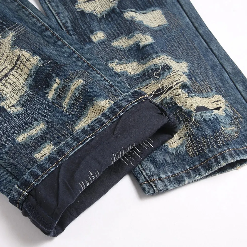 Men Ripped Denim Jeans Holes Distressed Patchwork Beggar Pants Embroidery Loose Straight Trousers — image 4