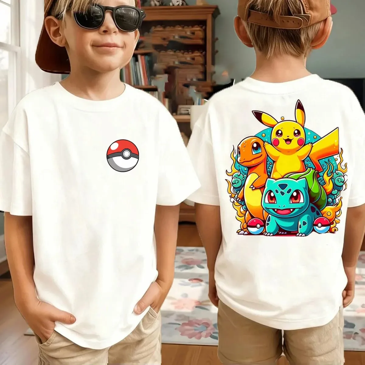 Summer Pokémon AnimeT-shirts Boys Pure Cotton Short-sleeved Top Casual Suitable for Both Boys and Girls Parent-child Outfits. — image 5