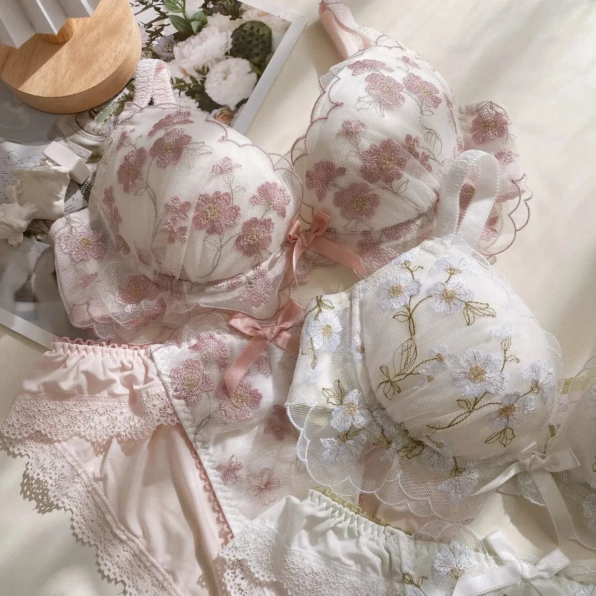 Pakaian dalam wanita bahagian nipis dongeng bersaiz besar sulaman renda set bra seluar dalam wanita rendah hati ayam berkumpul — image 7