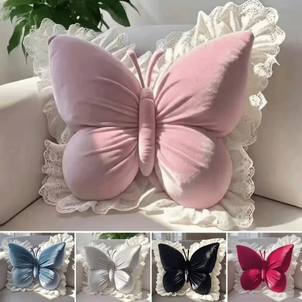 Seat Cushion Velvet Butterfly Office Pillow Soft Lace Trim Bow Cushion Cute New Bow Throw Pillow Bedroom — image 2