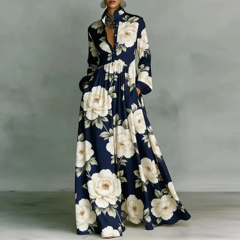 Robe plissée taille haute pour femme, motif rétro imprimé, col chemise, poches boutonnées, Maxi, manches longues, style Boho, vacances, printemps — image 7