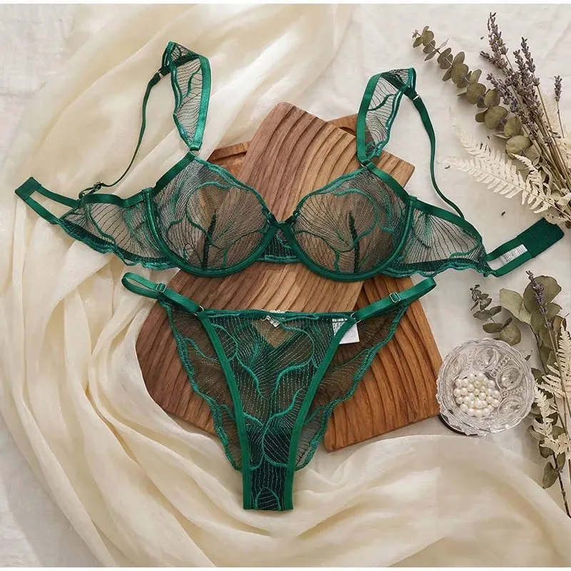French Lace Bra and Panty Set Embroidered Mesh Sheer Lingerie with Spaghetti Straps Ripple Pattern for Spring Summer Women Wear — image 2