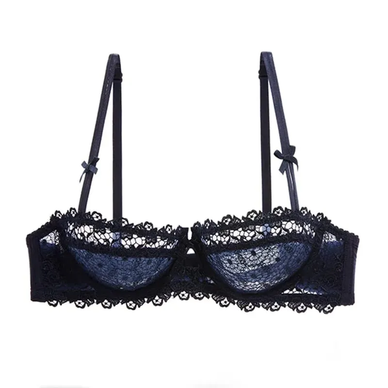 Plus Size Sexy Half Cup Lace Bra Sheer Mesh Unlined Bralette for Women A D Cup Invisible Push Up Underwire Lingerie Set — image 8