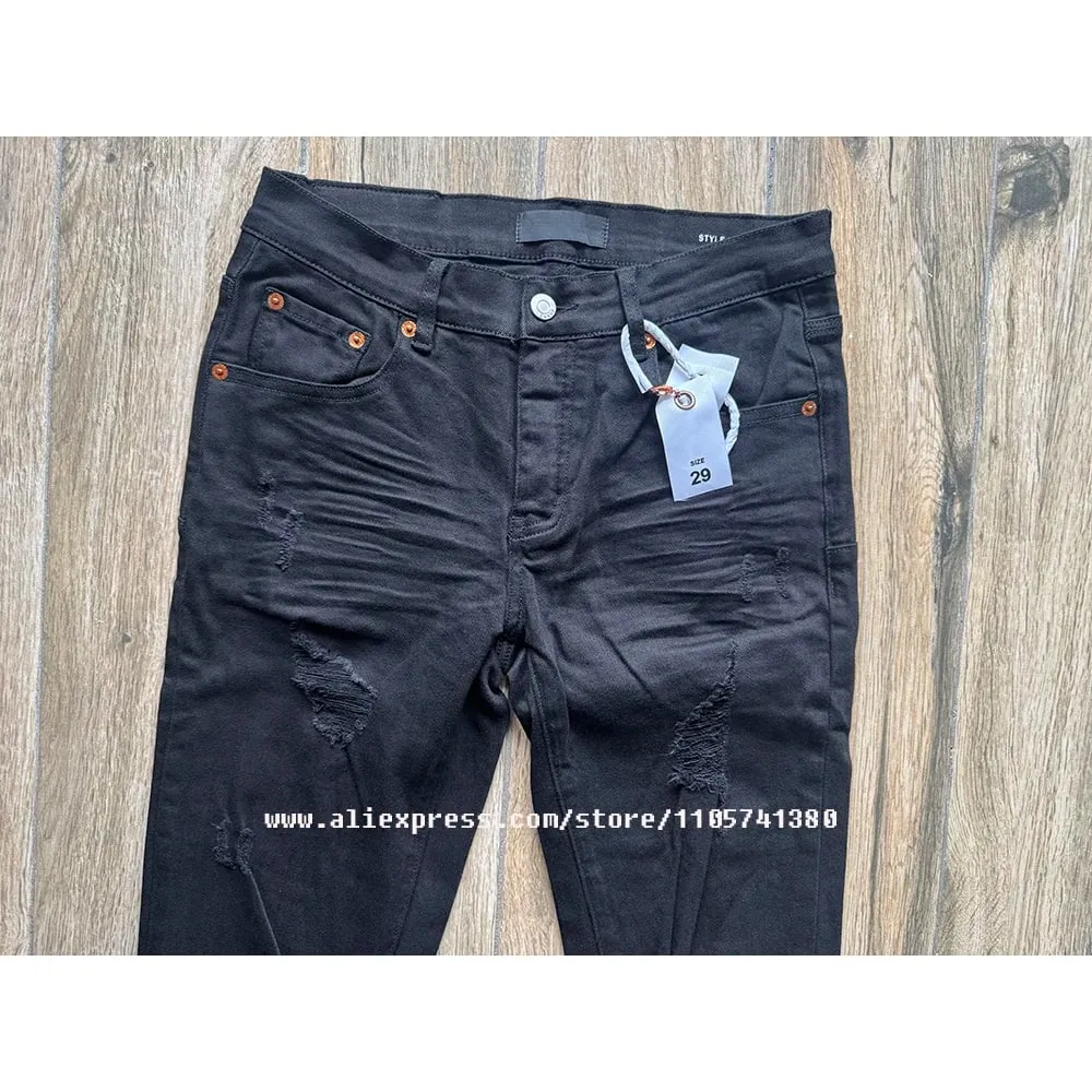 Men's High Street American Fashion Style Jeans Distressed Black Damaged Holes Stretch Skinny Button Fly Ripped Jeans — image 4