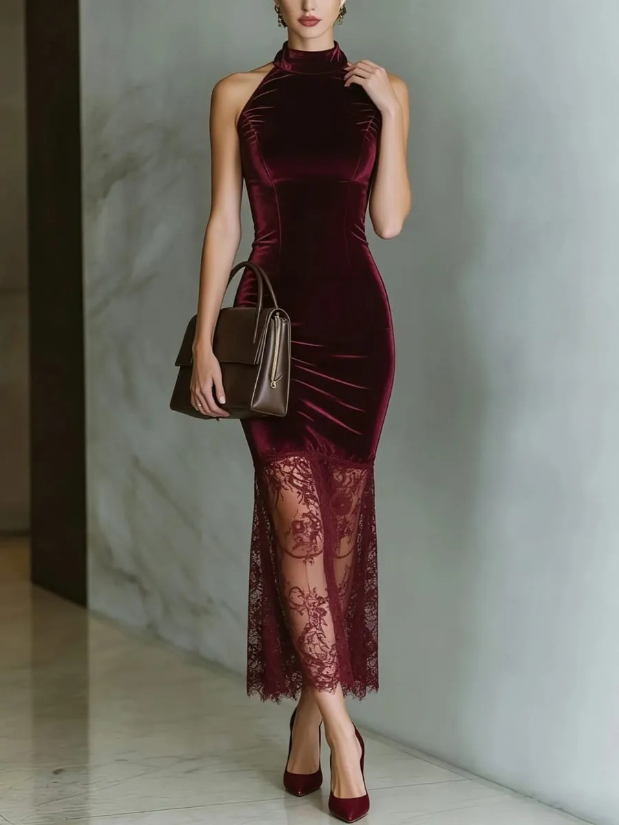 Solid Burgundy Velvet Sleeveless Midi Dress High Neck Halter Bodycon Lace Mermaid Hem Night Out Cocktail Party Dress — image 5