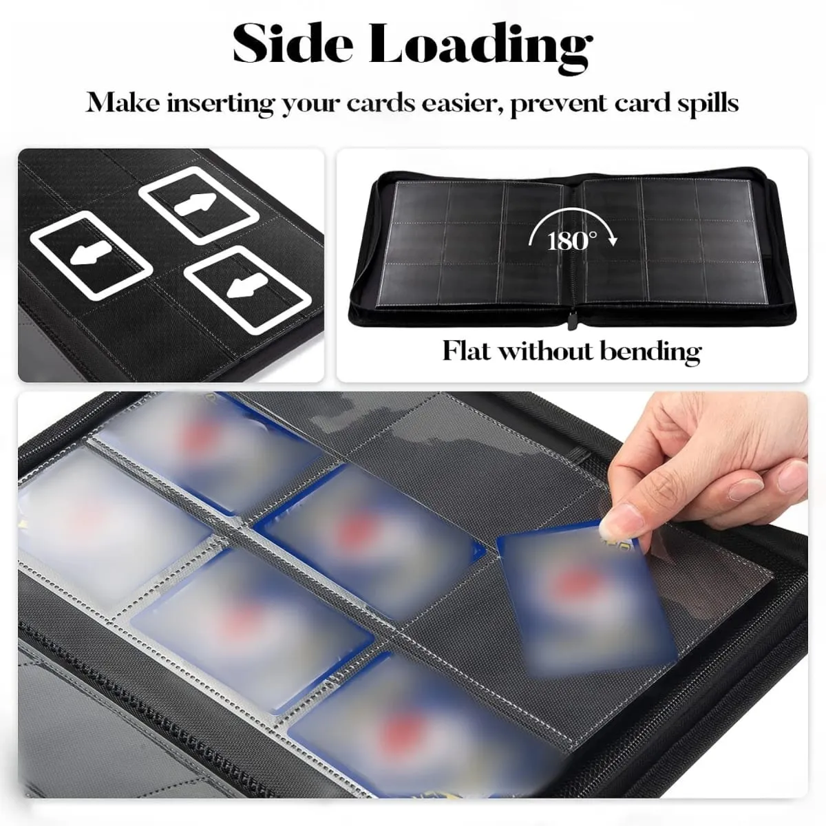 9 Pocket Trading Card Binder PU Cover Zipper Card Collection Album Sturdy 360 Side-Loading Card Folder Holder for Game Cards