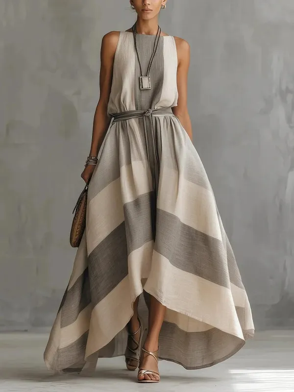 Summer New Irregular Maxi Dresses Women's Fashion O Neck Striped Sleeveless Big Hem Dress Casual Solid Loose Party Beach Dress