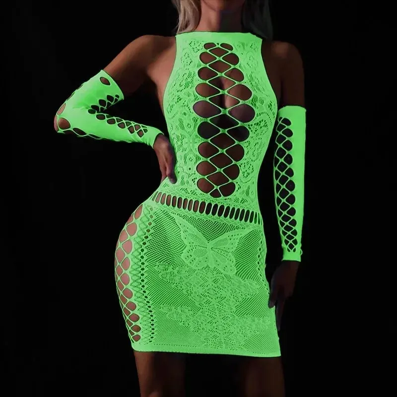 Fishing Net Transparent Women's Sexy Two Piece Set Fluorescent Open Crotch Bodystockings Dance Party Club Luminous Sex Clothes