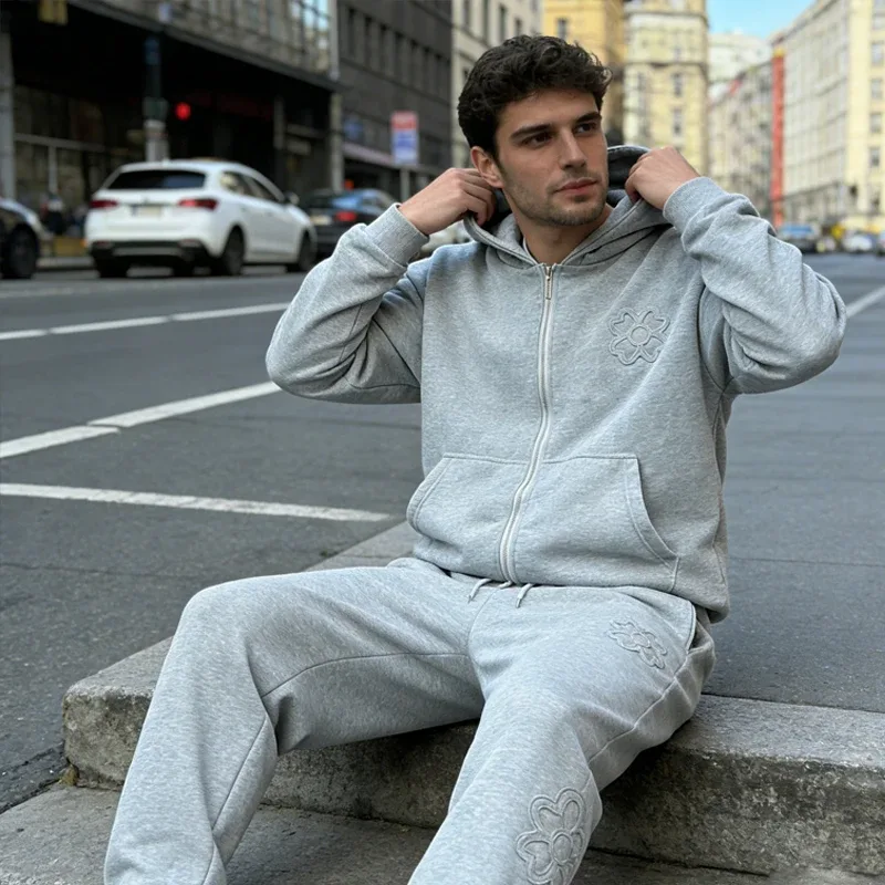 Olive Green Embroidered Zip Hoodie & Pants Set Men Streetwear Trendy Loose Casual 2-Piece Tracksuit New 2025 Fashion — image 7