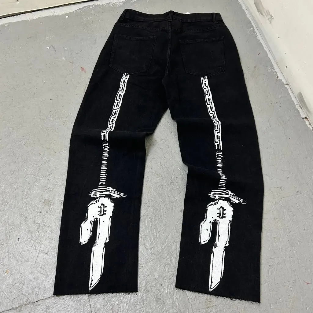 Harajuku anime characters printing jean new wide leg denim pants y2k mens jeans streetwear style couples trouser black jeans — image 2