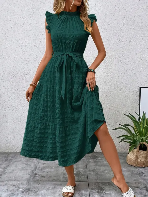 2026 Summer Fashion Flutter Sleeve Women Stand Collar Ruffles Solid Color Elegant Loose Long Dress Lace-up Texture Party Dresses — image 11