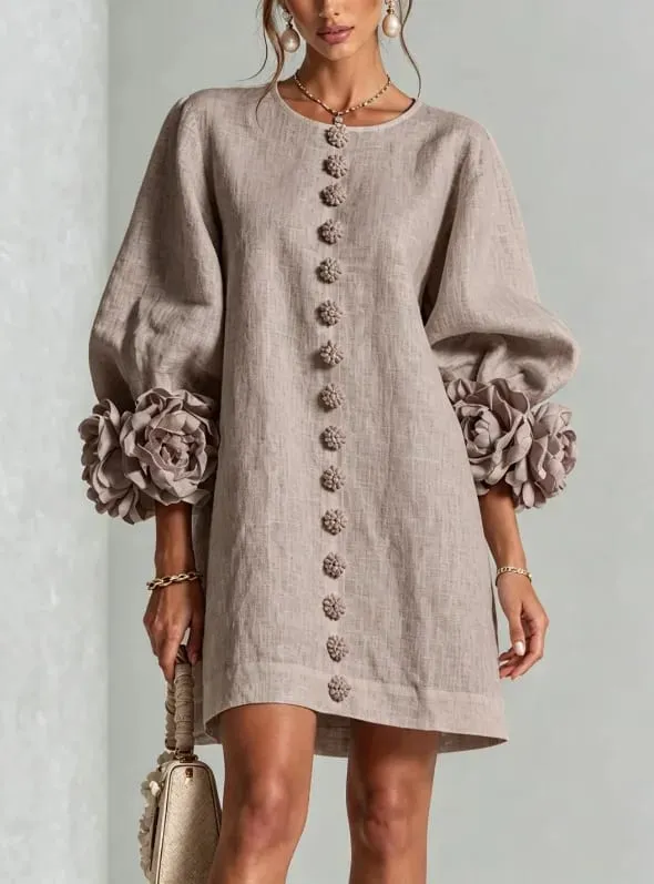 Women Spring Autumn 3D Flower Long Lantern Sleeve Cotton Linen Mini Dress Solid Crew Neck Loose Elegant Daily Wear Short Dress — image 13