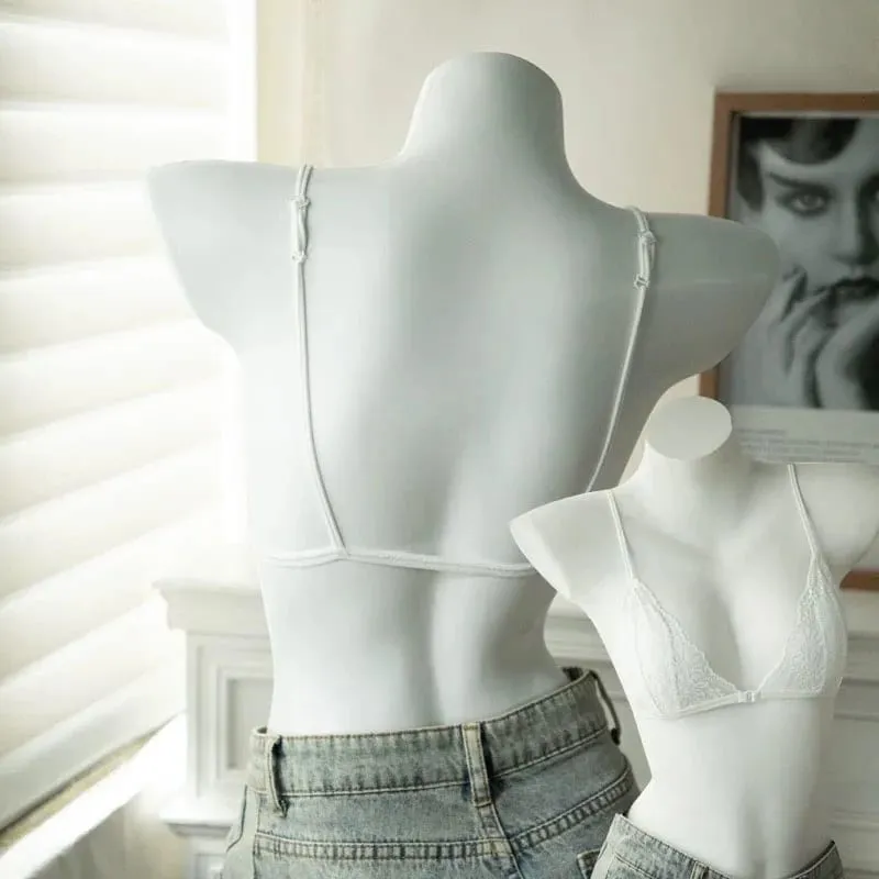 Bra Segitiga Tipis Berenda Seksi Gaya Perancis dengan Kancing Depan Pakaian Dalam Lingerie Nirkabel Cincin Tanpa Baja Wanita Bra Punggung Cantik