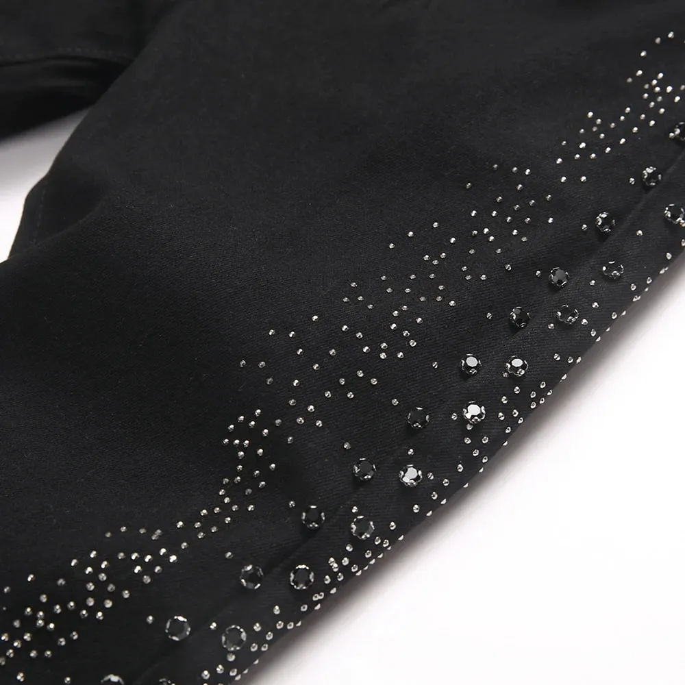 Men's Flared Denim Jeans Punk Crystal Rivet Stretch Black Cotton Spandex Pants Slim Boot Cut Trousers — image 3