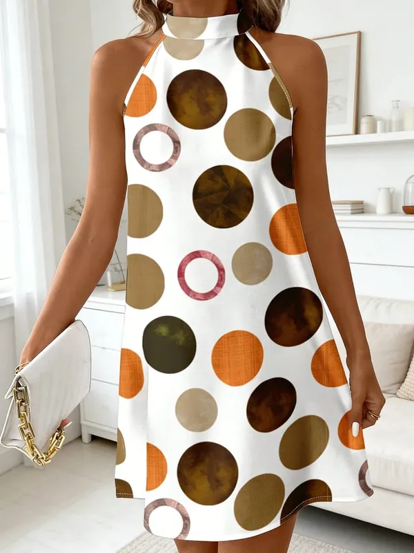 Women Sleeveless Halter Dress Back Bow Tie Polka Dot Print Loose Fit Mini Dress Summer Beach Casual Short Dresses